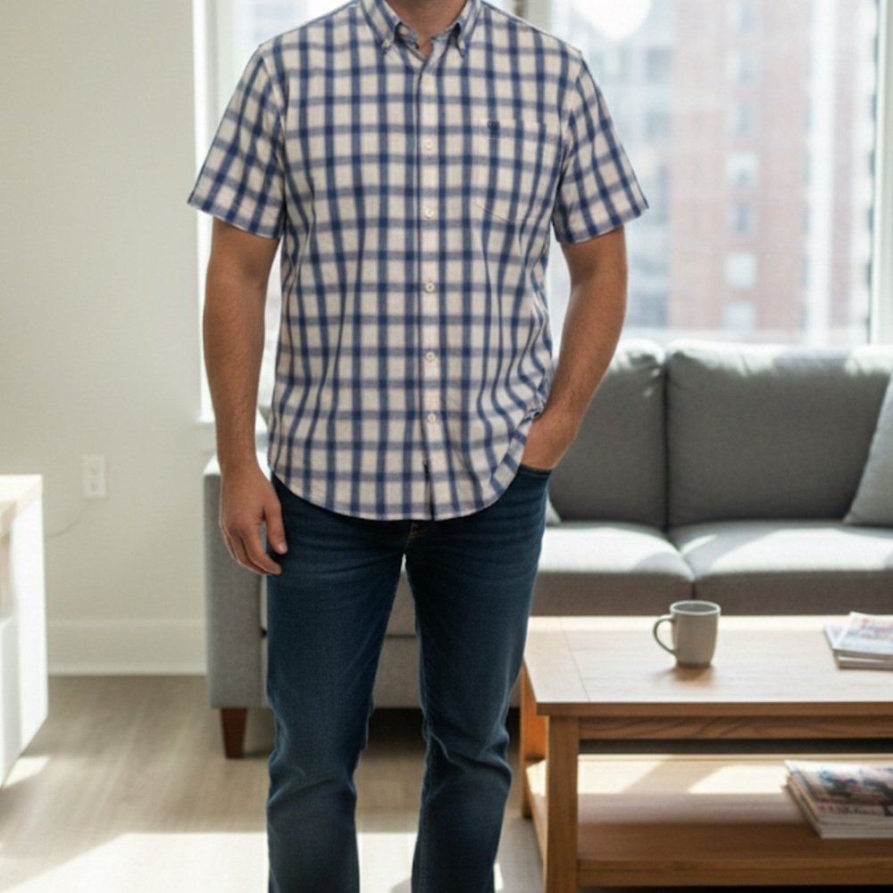 Chaps Navy and White Plaid Men's Shirt
